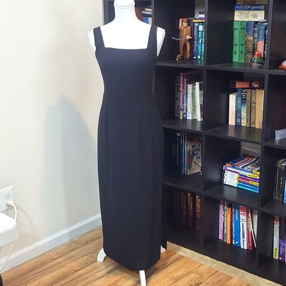 Vtg 80s ANN TAYLOR Black Square Neckine Lace-Up Back 20" Slit Long Maxi Gown